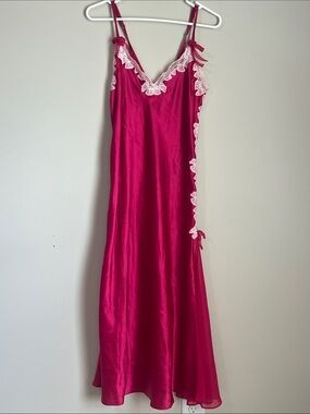 Victoria Secret Vintage Y2K Long Slip Dress Pink Satin Lace Trim Sz Medium